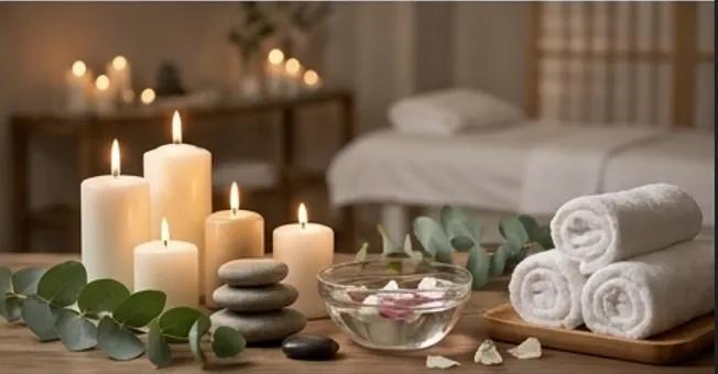Ambiente de relaxamento com velas, pedras e eucalipto na AQUALIFE Estética